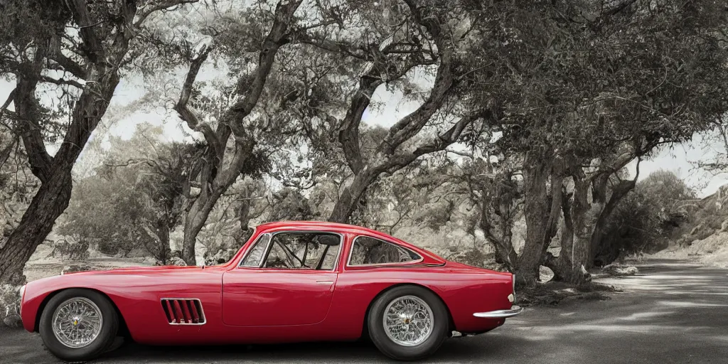 Image similar to photograph, 1958 FERRARI 250 GT, by Peter Singhof, press release, cinematic, PCH, california coast, 8k, depth of field, bokeh.