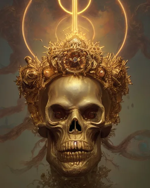 Image similar to 4k cinematic full view ethereal Skull wearing intricate religious gilded Madonna crown ivory , Unreal Engine 5, God Rays, Lumen, by Peter Mohrbacher, by Ruan Jia, by Greg Rutkowski, by Leonardo Da Vinci, detailed and realistic, poetic and symbolic, Trending on Artstation