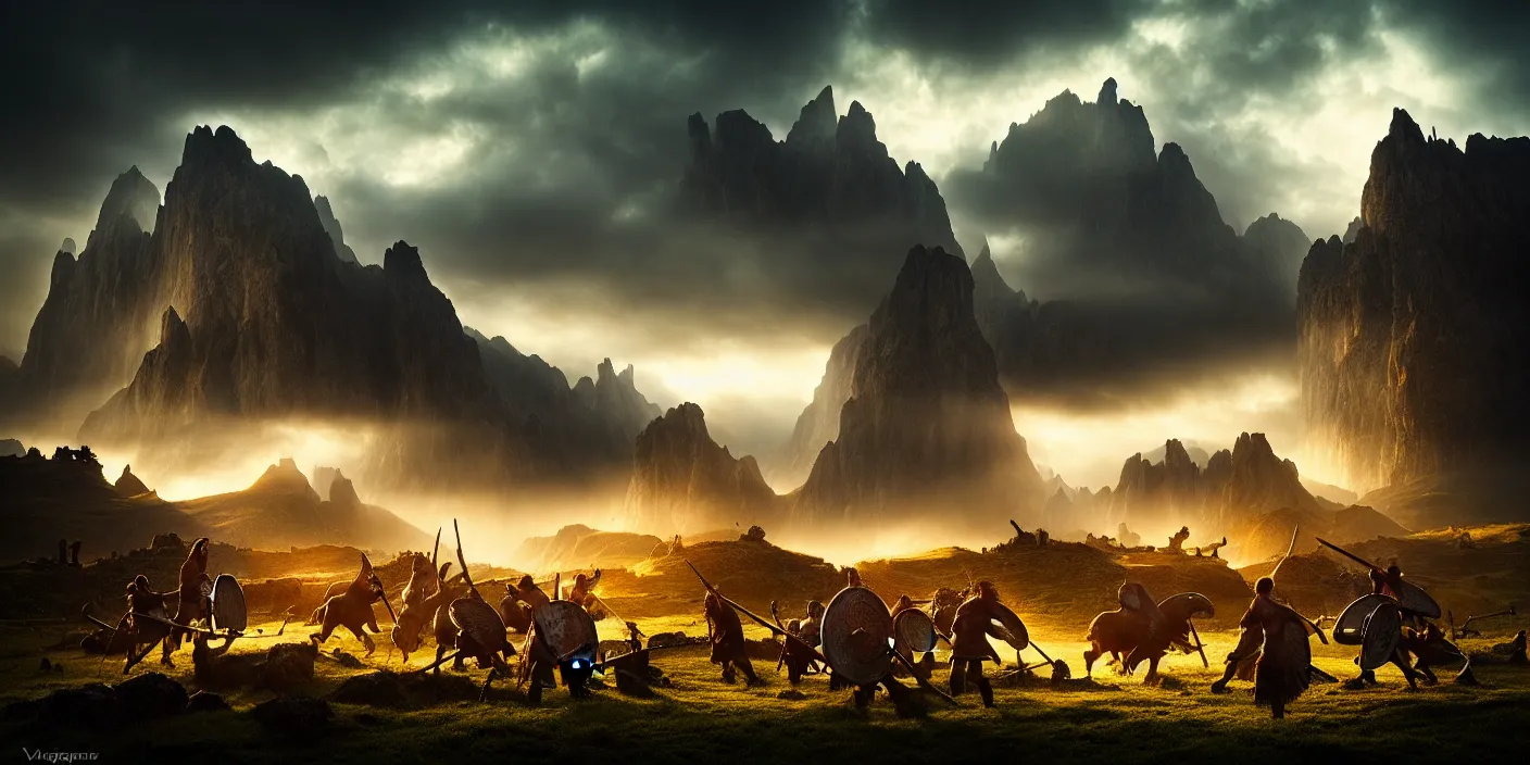 Prompt: landscape photography by marc adamus, vikings attacking a small village, dramatic lighting, beautiful, hyper detailed, uhd,