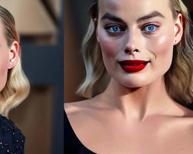 Image similar to a photo of margot robbie doing a silly face, hyper realistic face, beautiful eyes, cinematic, long shot, hyper detailed, 8 5 mm photograph, 8 k resolution, film still, sharp lens, wide lens