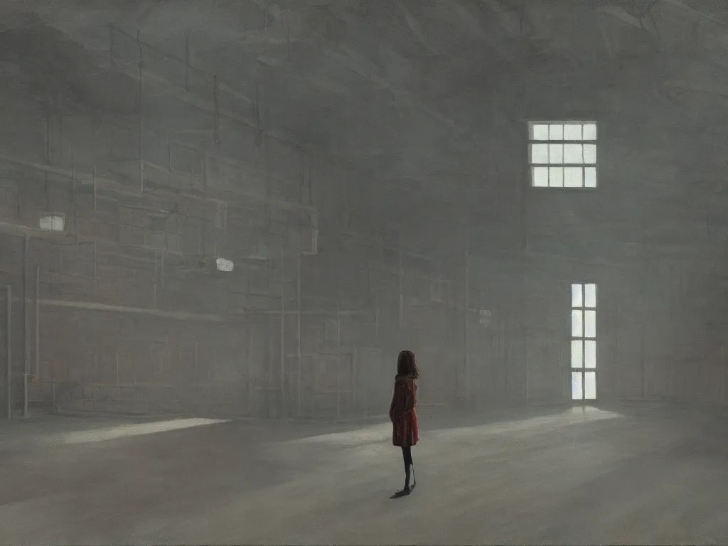 Prompt: lone girl waiting in a large haunted empty factory space, 7 0 s, stanley kubrick the shinning, american gothic, vibrant colors americana, cinematic, volumetric lighting, ultra wide angle view, realistic, detailed painting in the style of edward hopper and rene magritte