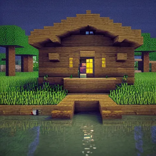 Image similar to atmospheric render of a small cabin next to a lake inside a dark cavern, minecraft, rendered with blender, 4 k