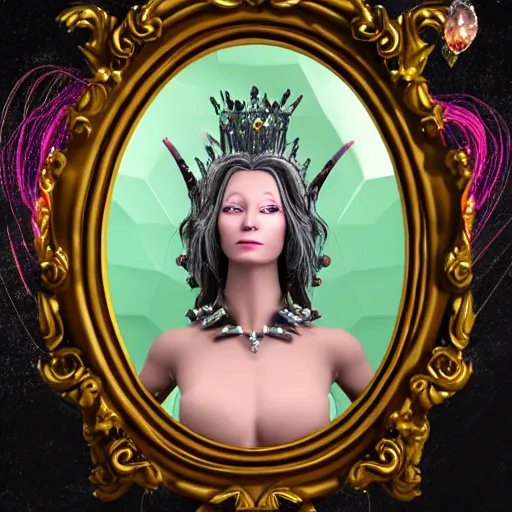 Image similar to realistic rococo style alien witch goddess queen with crystal gems crown sharp focus 8 k