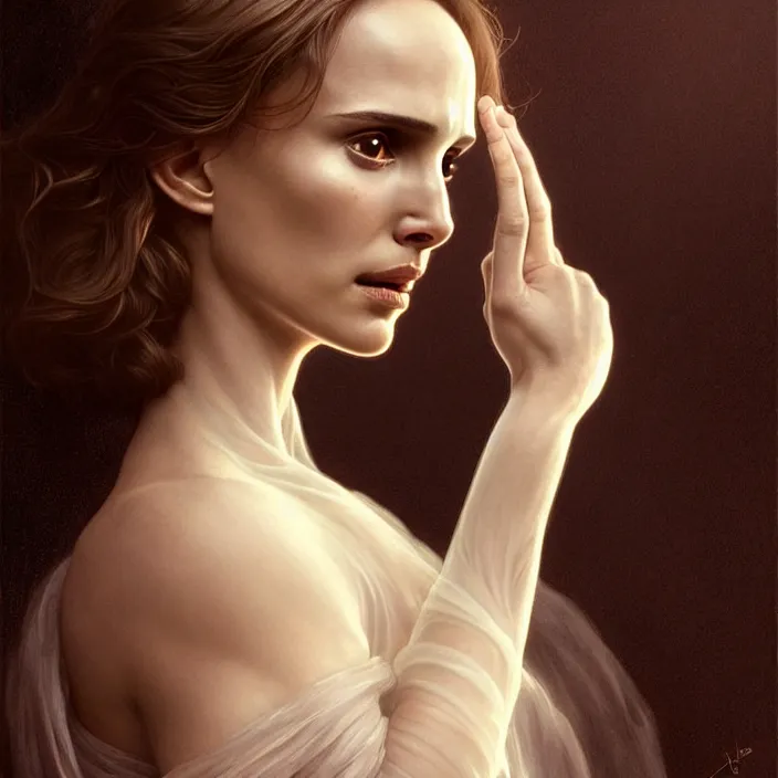 Prompt: translucent ghost Natalie Portman, diffuse lighting, fantasy, intricate, elegant, highly detailed, lifelike, photorealistic, digital painting, artstation, illustration, concept art, smooth, sharp focus, art by John Collier and Albert Aublet and Krenz Cushart and Artem Demura and Alphonse Mucha