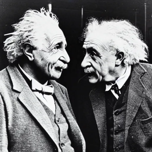 Image similar to vintage photo of Einstein and Thomas Edison fighting
