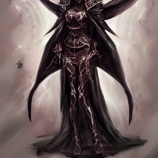 Prompt: Concept art of female demon dressed in silk as a dark souls boss, trending on artstation, fantasy
