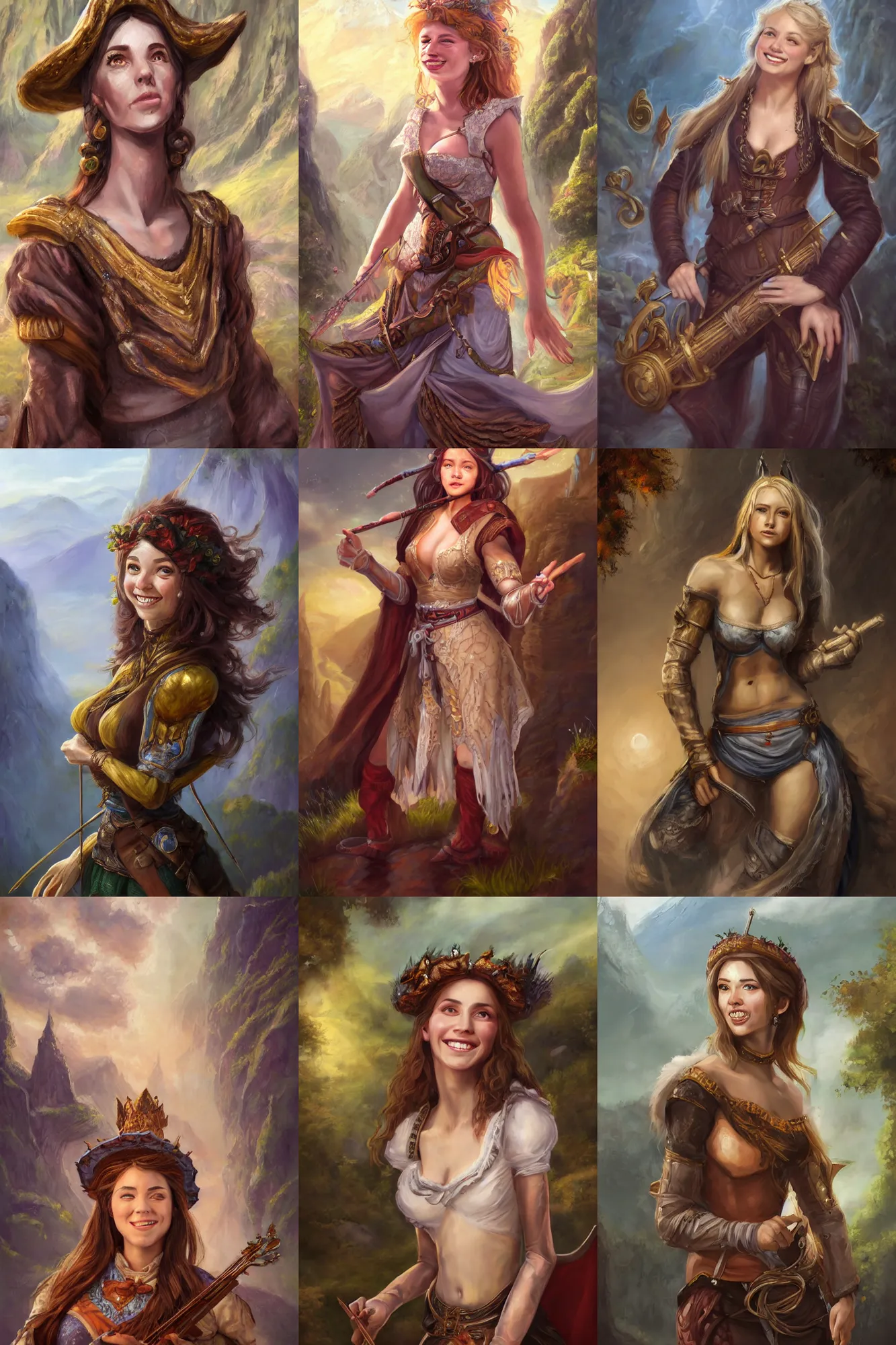 Image similar to a full body high detail fantasy portrait oil painting illustration of a single beautiful smiling bard woman by justin sweet with face and body clearly visible, in a scenic background, pretty eyes, realistic proportions, d & d, rpg, forgotten realms, artstation trending, high quality, sombre mood, artstation trending, muted colours, entire person visible!