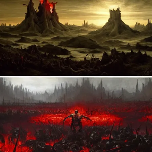 Image similar to doom eternal concept art by brueghel, mcu movie still frame of hell scene by jakub rozalski, garden of eternal delights hell by hieronymus bosh