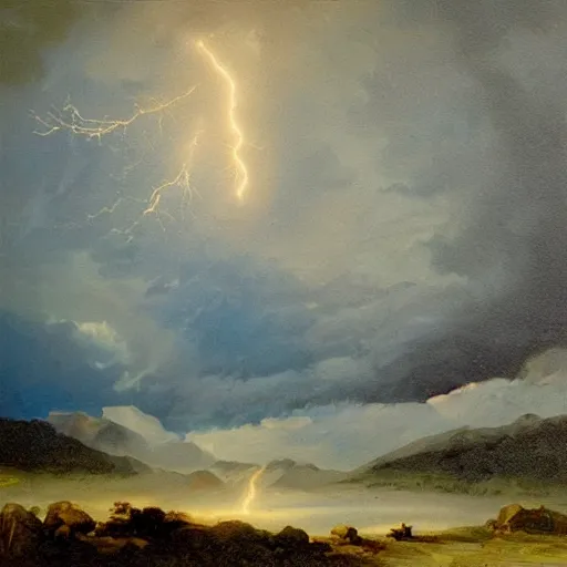 Image similar to “painting, mountain top in a storm being struck by lightning”