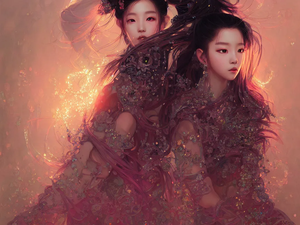 Image similar to portrait jisoo blackpink, wearings samurai colorpunk armor, in temple fire stormy sparkles night, ssci - fi and fantasy, intricate and very very beautiful and elegant, highly detailed, digital painting, artstation, concept art, smooth and sharp focus, illustration, art by tian zi and wlop and alphonse mucha