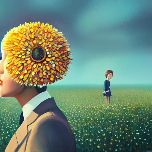 Image similar to giant daisy flowers head, frontal, girl in a suit, surreal photography, sunrise, dramatic light, impressionist painting, digital painting, artstation, simon stalenhag