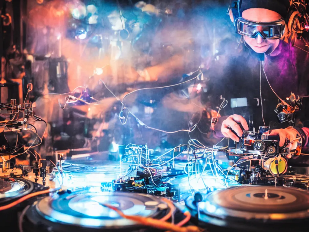 Image similar to a person wearing goggles and visor and headphones using a steampunk record player contraption, wires and tubes, turntablism dj scratching, intricate planetary gears, cinematic, imax, sharp focus, leds, bokeh, iridescent, black light, fog machine, hazy, lasers, hyper color digital art, cyberpunk