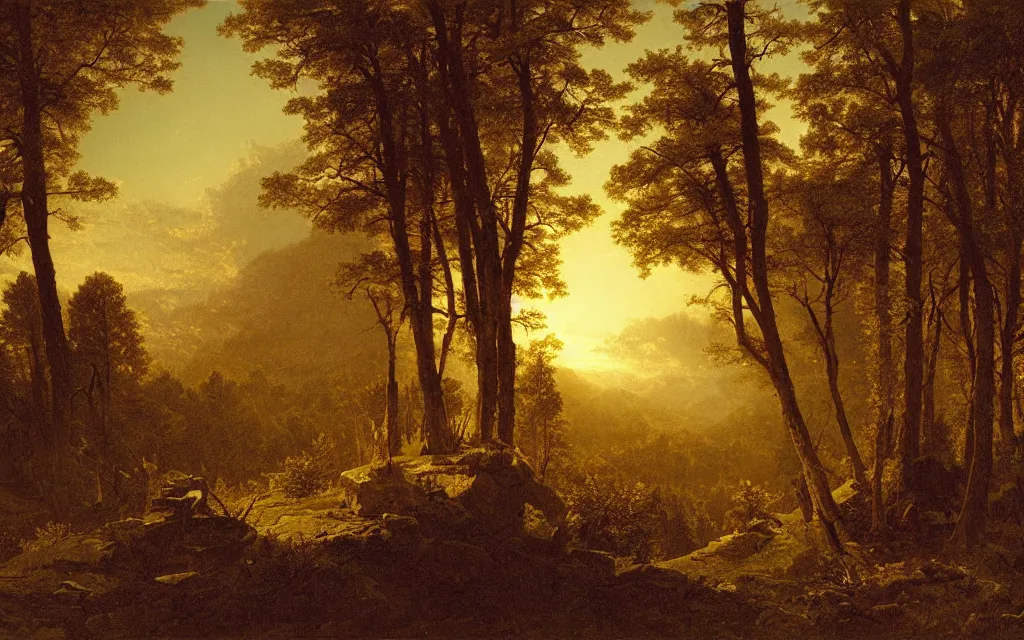 Prompt: large bonfire on the edge of a forest overlooking a beautiful valley at dusk, cinematic lighting, intricate ink illustration, by albert bierstadt, digital art