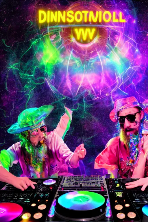 Prompt: two pyschedelic wizard dj's performing at an interdimensional rave