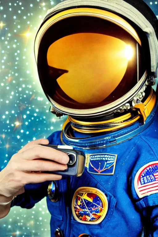 Image similar to extremely detailed studio portrait of space astronaut taking a selfie, holds a smart phone in one hand, phone!! held up to visor, reflection of phone in visor, moon, extreme close shot, soft light, golden glow, award winning photo by james van der zee