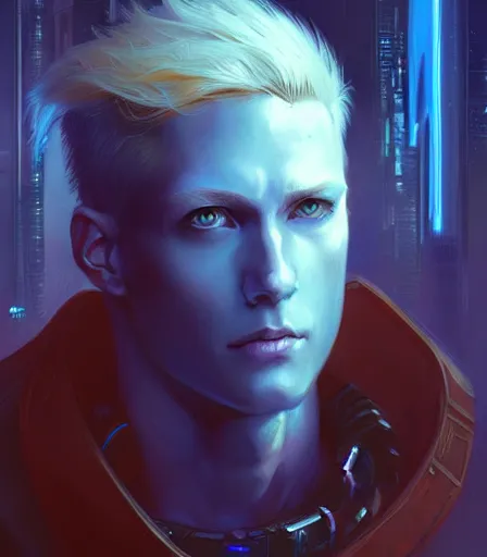 Prompt: cyberpunk 30 years old blond boy, hourglass slim figure, blue eyes, dungeons and dragons portrait, highly detailed, digital painting, artstation, concept art, sharp focus, illustration, art by artgerm and greg rutkowski and alphonse mucha