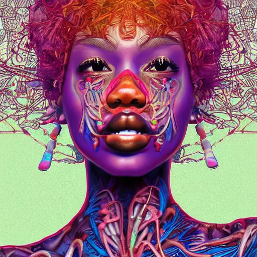 Image similar to the anatomical face of a ridiculously beautiful and pretty black woman partially made of onion rings of all colors looking up, an ultrafine detailed illustration by james jean, final fantasy, intricate linework, bright colors, behance contest winner, vanitas, angular, altermodern, unreal engine 5 highly rendered, global illumination, radiant light, detailed and intricate environment