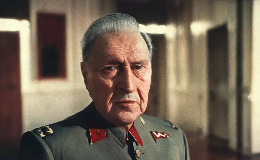 Image similar to 50s movie still close-up portrait of an elder soviet general crossing an empty stalinist hall, by David Bailey, Cinestill 800t 50mm eastmancolor, heavy grainy picture, very detailed, high quality, 4k, HD criterion, precise texture and facial expression