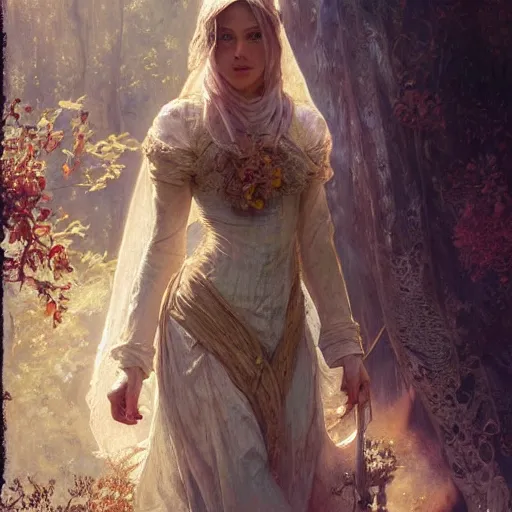 Prompt: woman modestly dressed in linen, fantasy character portrait, ultra realistic, concept art, intricate details, highly detailed by greg rutkowski, gaston bussiere, craig mullins, in style of alphonso mucha