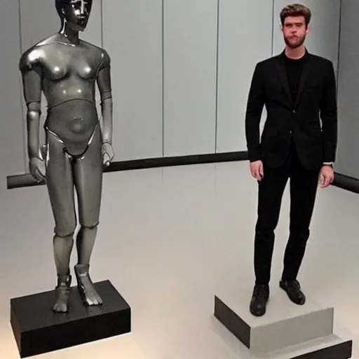 Image similar to “ a realistic detailed photo of a guy who is an attractive humanoid who is half robot and half humanoid, who is a male android, actor liam hemsworth, shiny skin, posing like a statue, blank stare, at the museum, on display ”