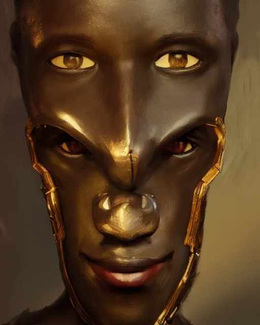 Image similar to portrait of an african boy with a wodden mask, dramatic lighting concept art by craig mullins and ruan jia and raphael lacoste, trending on artstation,