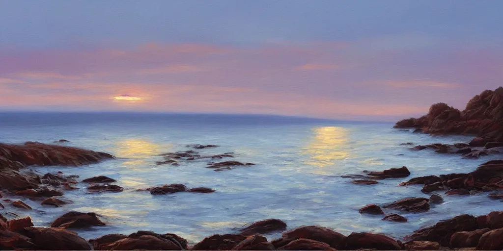 Image similar to rocky seashore, dawn, countryside, peter sculthorpe, painting, artstation