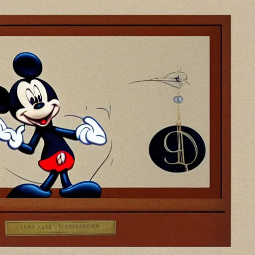 Image similar to detailed background courtroom sketch of vintage disney character mickey mouse presenting evidence of copyright infringement to the judge bench court room wooden serious dark tone