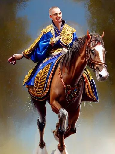 Image similar to a handsome man weaing a silk robe, happy and disarmed, laurels of glory, returns to home triunphantly mounted in a horse. full of pride. victorirous. prideful.. intricate, elegant, highly detailed, digital painting, artstation, concept art, sharp focus, illustration, by justin gerard and artgerm, 8 k