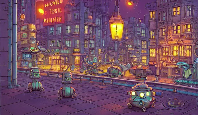 Image similar to fantasycore street view of 1950s machinarium cityscape at night by michael whelan and naomi okubo and dan mumford. cute 1950s robots. cel-shaded. glossy painting.