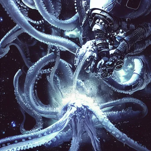 Prompt: highly detailed portrait of a possessed astronaut Mark Zuckerberg witrh eldritch lovecraftian tentacles by Dustin Nguyen, Akihiko Yoshida, Greg Tocchini, Greg Rutkowski, Cliff Chiang, 4k resolution, nier:automata inspired, bravely default inspired, vibrant but dreary blue, black and white color scheme!!! ((Space nebula background))