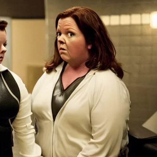 Prompt: movie shot from a sci - fi comedy with ricky gervais played by melissa mccarthy