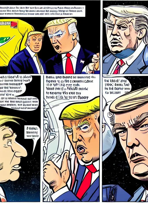 Prompt: a full page panel drawn by bill watterspn depicting trump and spaceman spiff
