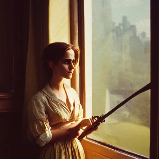 Prompt: Photograph of Emma Watson holding a tobacco pipe by the window. Golden hour, dramatic lighting. Medium shot. CineStill