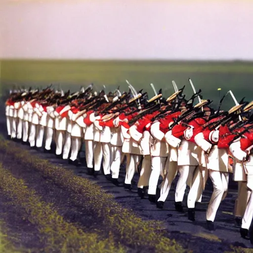 Image similar to cooked shrimp marching in formation, with bayonets, army uniforms