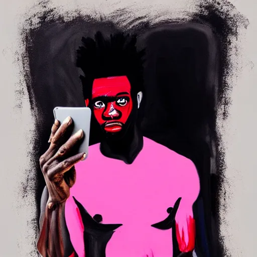 Prompt: A mirror selfie of a black handsome muscular man with white angel wings and black devil horns holding an iPhone, pitchfork, full body, pink background, abstract jean-Michel Basquiat oil painting with thick paint strokes, oil on canvas, aesthetic, y2k, intricately detailed artwork, trending on artstation