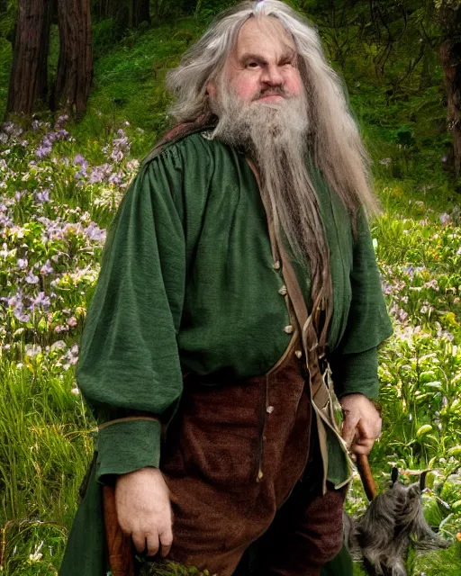 Image similar to annie leibovitz style photoshoot of peter jackson dressed as tom bombadil, lotr, tolkien, weta workshop style, hyperreal