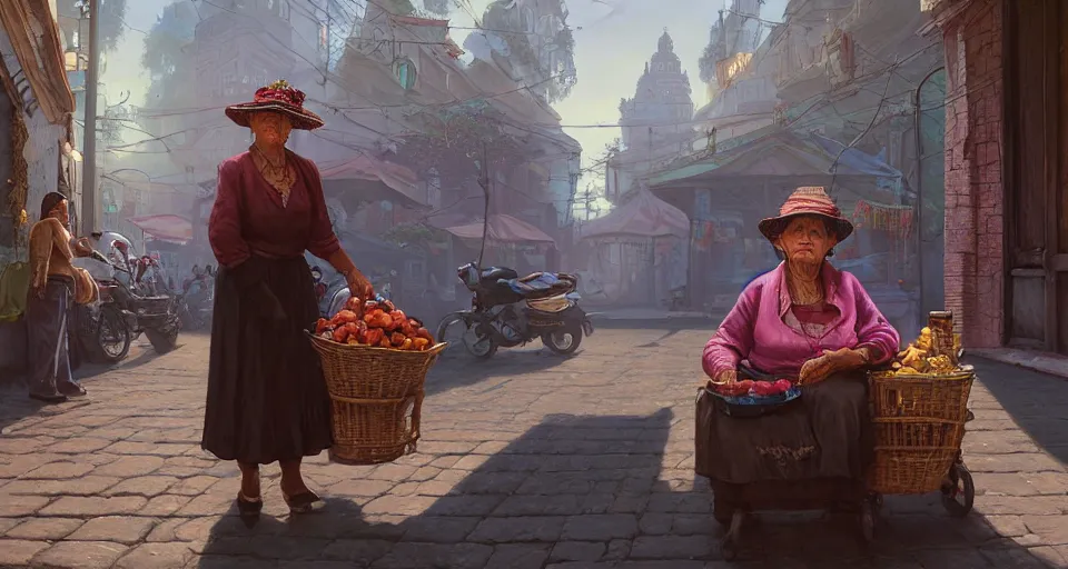 Image similar to highly detailed portrait old woman guatemala vendor in gta v, street market, happy ambience, stephen bliss, unreal engine, fantasy art by greg rutkowski, loish, rhads, ferdinand knab, makoto shinkai and lois van baarle, ilya kuvshinov, rossdraws, tom bagshaw, global illumination, detailed and intricate environment