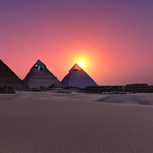 Image similar to the great pyramids during a summer sunset, unreal engine