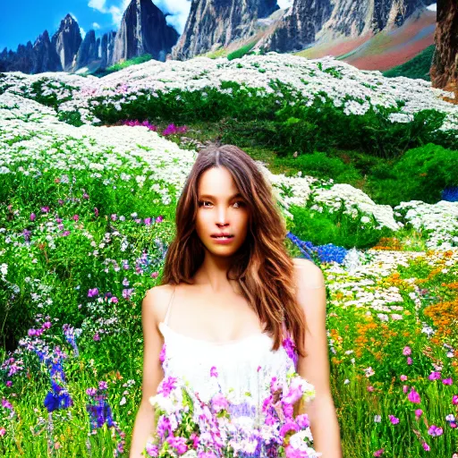 Image similar to a photograph of the most beautiful woman that has ever existed, surrounded by unique natural sightseeing accompanied by the most delicate flowers.