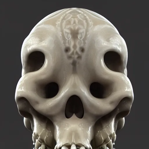 Prompt: hyper realistic 3 d render of ornately carved rococo human skull octopus hybrid, detailed scrimshaw pattern of occult symbols, tentacles, octane render 4 k, bone and ivory, waxy