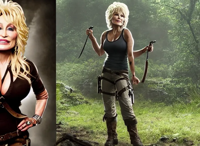 Image similar to film still of!!!! dolly parton!!! as lara croft in new tomb raider movie, 8 k