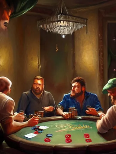 Prompt: half dozen guys arguing over a game of poker. caotic fight intricate, elegant, highly detailed, digital painting, artstation, concept art, sharp focus, illustration, by justin gerard and artgerm, 8 k