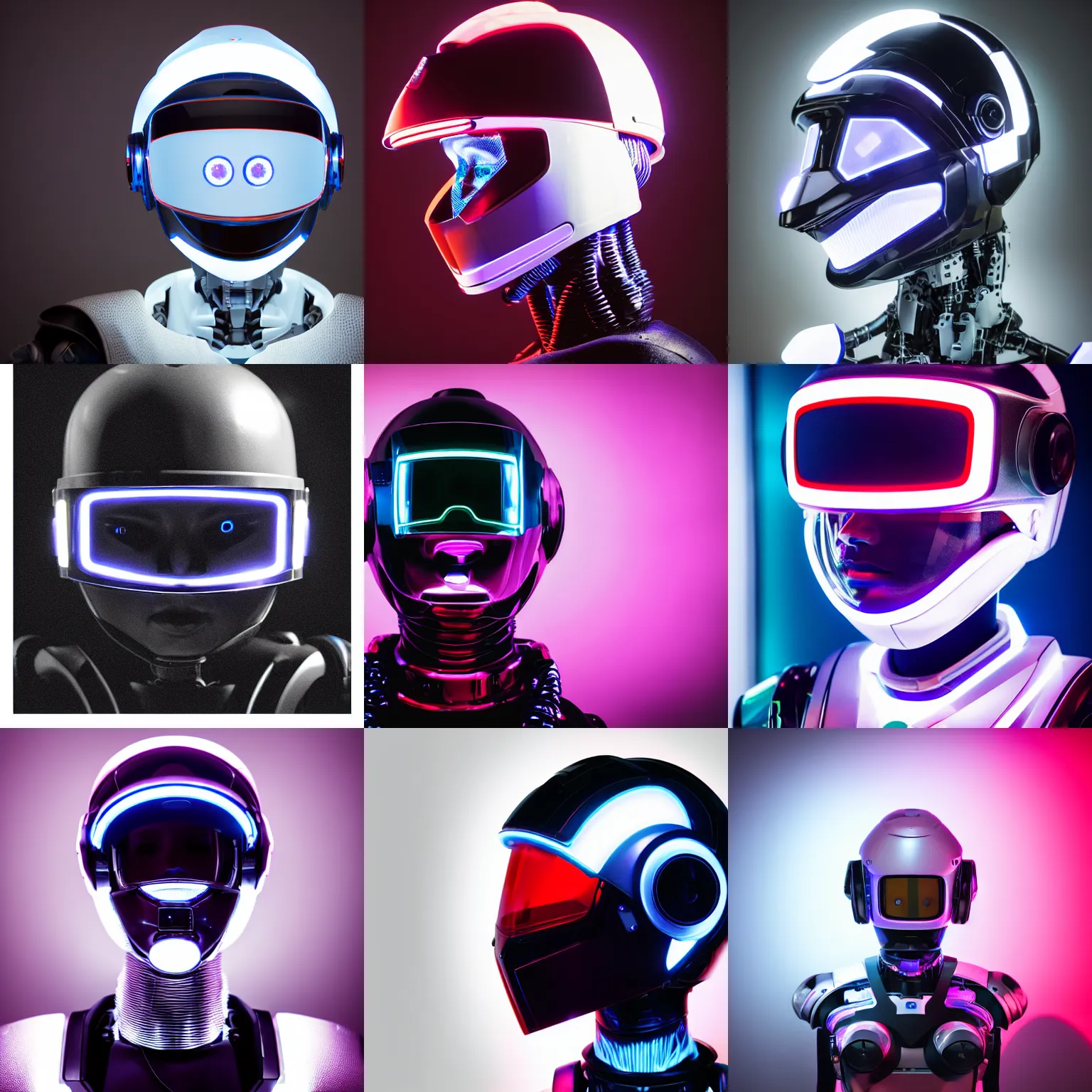 Prompt: photo of a robot with twenty - yo girl inside, leds visor helmet, profile pose, bust shot, high detail, studio, black background, smoke, sharp, cyberpunk, eighty - five mm sigma art lens