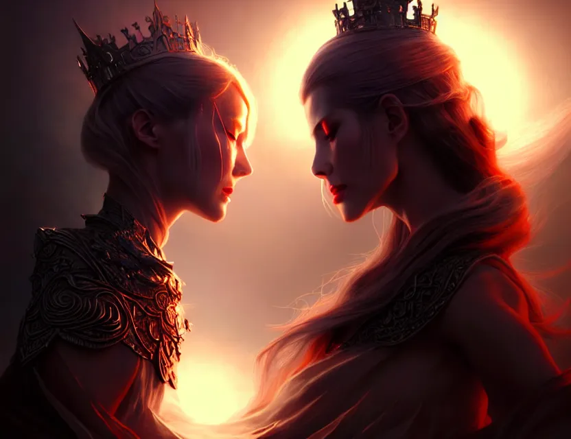 Prompt: the king of light faces the queen of darkness, a beautiful digital painting by wlop, volumetric light, intricate details, ultrarealistic, by art germ, by gerald brom, fantasypunk, deep colors, amazing d & d art, trending cgsociety, artstation, sharp, amazing wallpaper