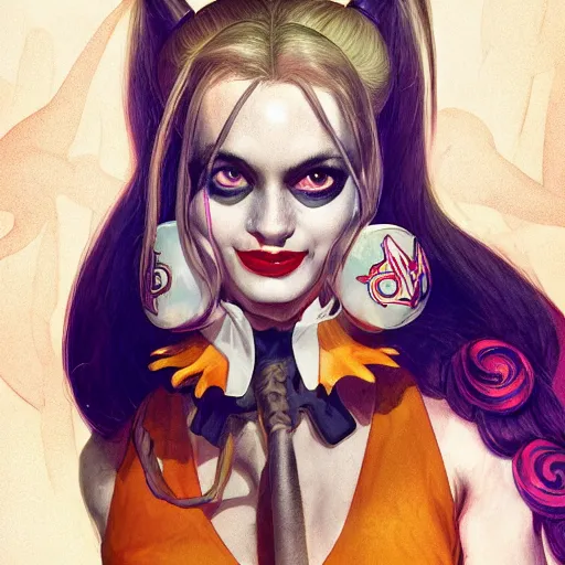 Image similar to Harley Quinn but she's a beautiful ape with long pony tails on either side of her head, mucha, mayhem, illustration, by James Jean, artgerm, octane render, by John Coltrane and Marc Simonetti, Manic, inspired by Greg rutkowski, colorful, studio lighting, high detail of the face, full body