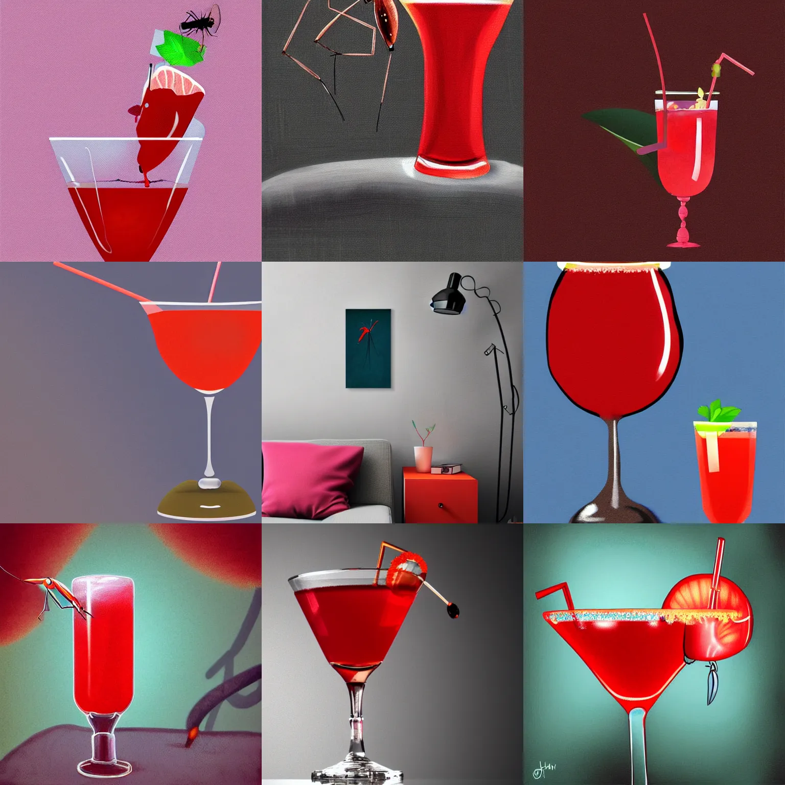 Prompt: a mosquito sipping a red cocktail on sofa, digital art, soft colors