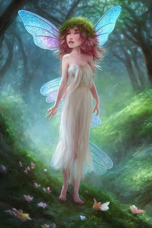 Image similar to a cute fairy in the dreamy forest, fantasy, dreamlike, 8 k resolution, hyper detailed, d & d, character design, digital painting, trending on artstation, sharp focus, illustration, art by viktoria gavrilenko, hoang lap, fuji choko, steve zheng