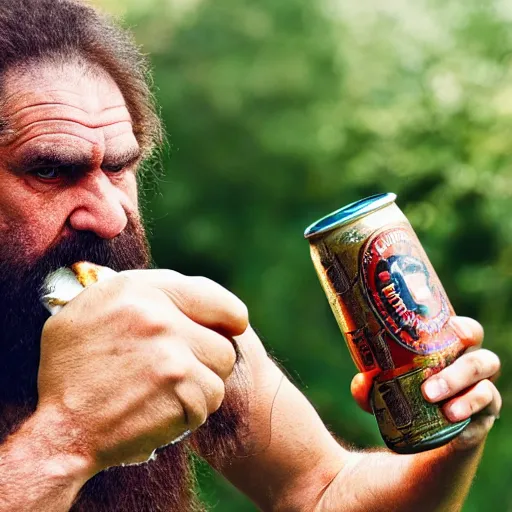 Image similar to photo of ancient caveman drinking a single beer can, high detail, ultra realistic, 4k UHD, pristine