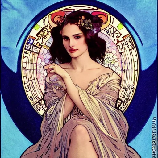 Image similar to natalie portman portrait by louis - theophile hingre and alphonse mucha, realistic, sharp focus, zodiac signs, tarot cards, planets, ethereal, art nouveau, magic, moon, sun, crown, dreamy, royal, jewellery