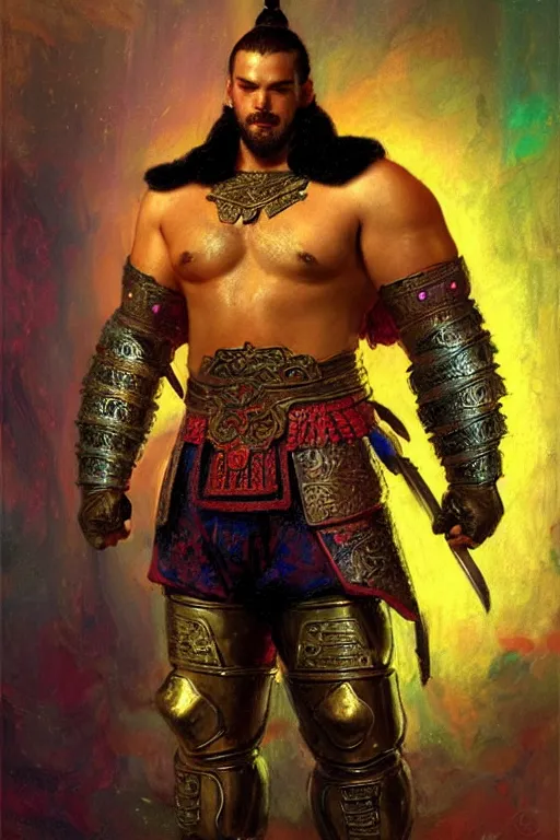 Image similar to attractive beefy male with armor, ming dynasty, character design, colorful, neon lights, painting by gaston bussiere, craig mullins, j. c. leyendecker, tom of finland